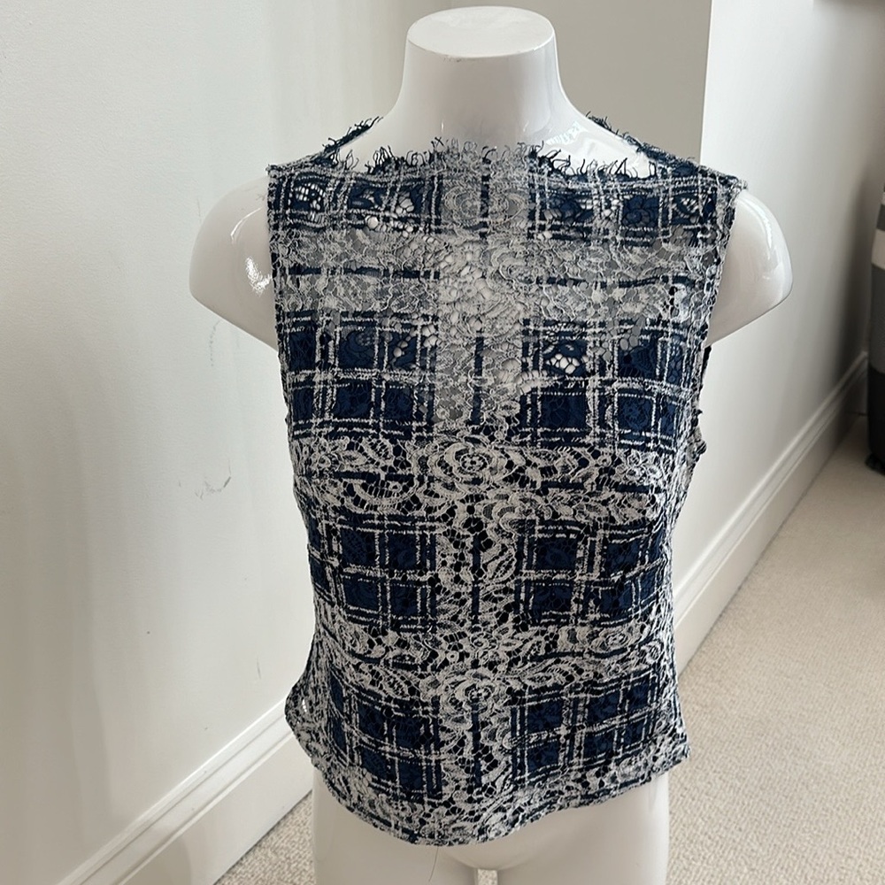 Navy and white plaid pattern lace top w camisole